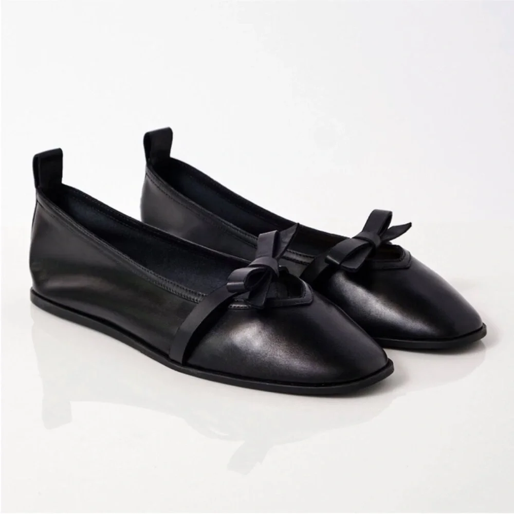 NIB FREE PEOPLE Mania Bow Ballerina Flats Black Leather. Size 8 - Picture 3 of 11